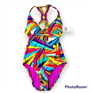 NWT Trina Turk Viva La Vida One Piece Multicolor Halter Swim Suit Size 8